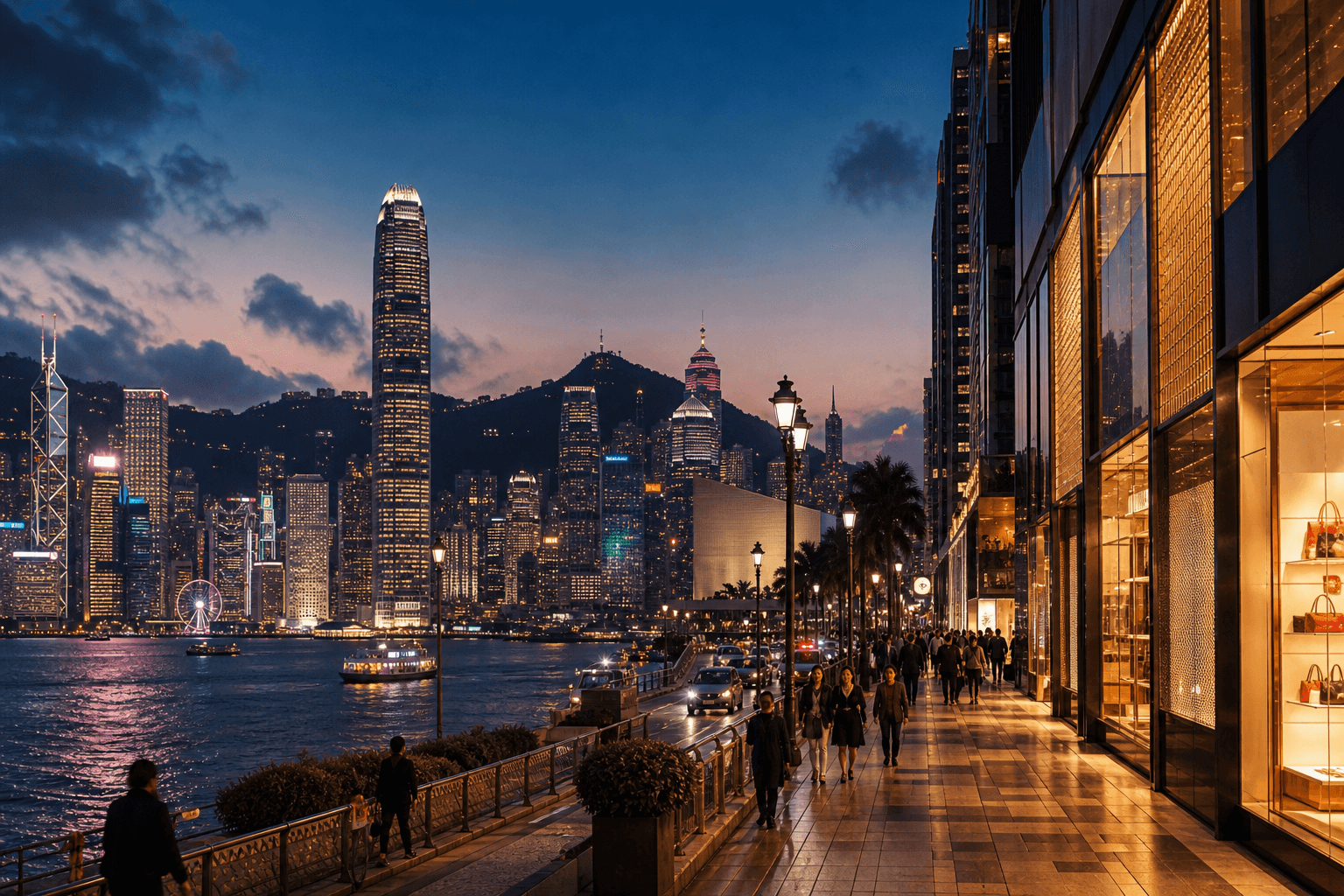 The Victoria Harbour skyline in Hong Kong at dusk