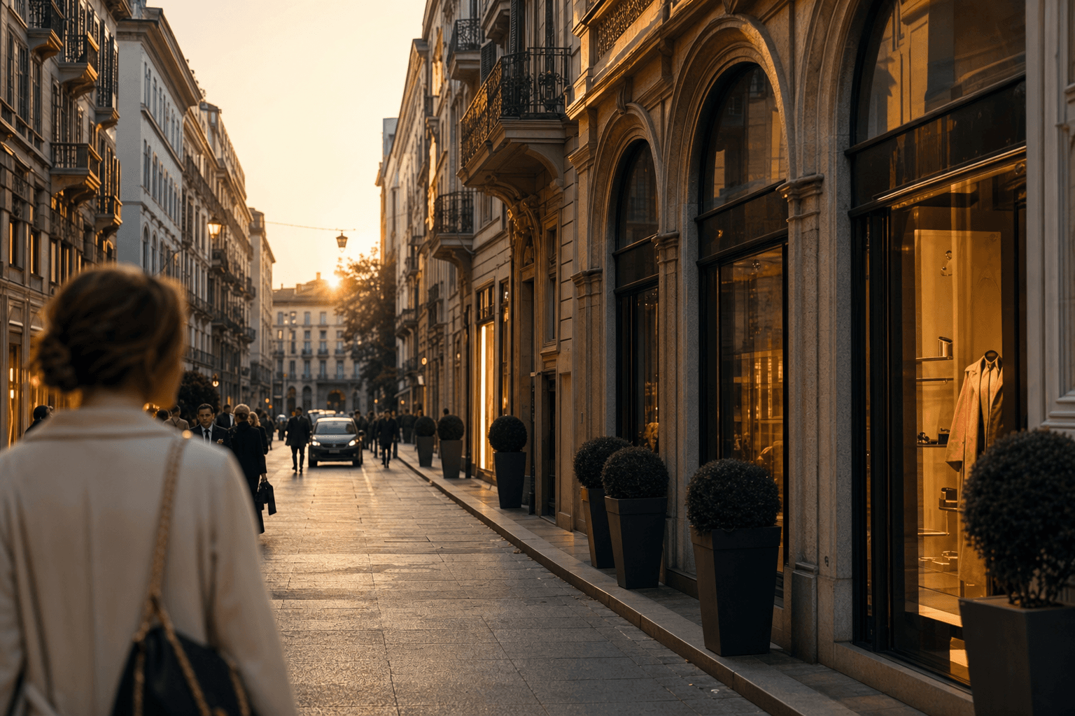 A luxury shopping street in Milan at golden hour
