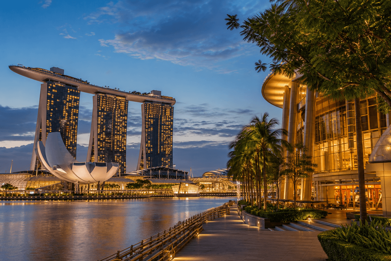The Marina Bay waterfront in Singapore at dusk