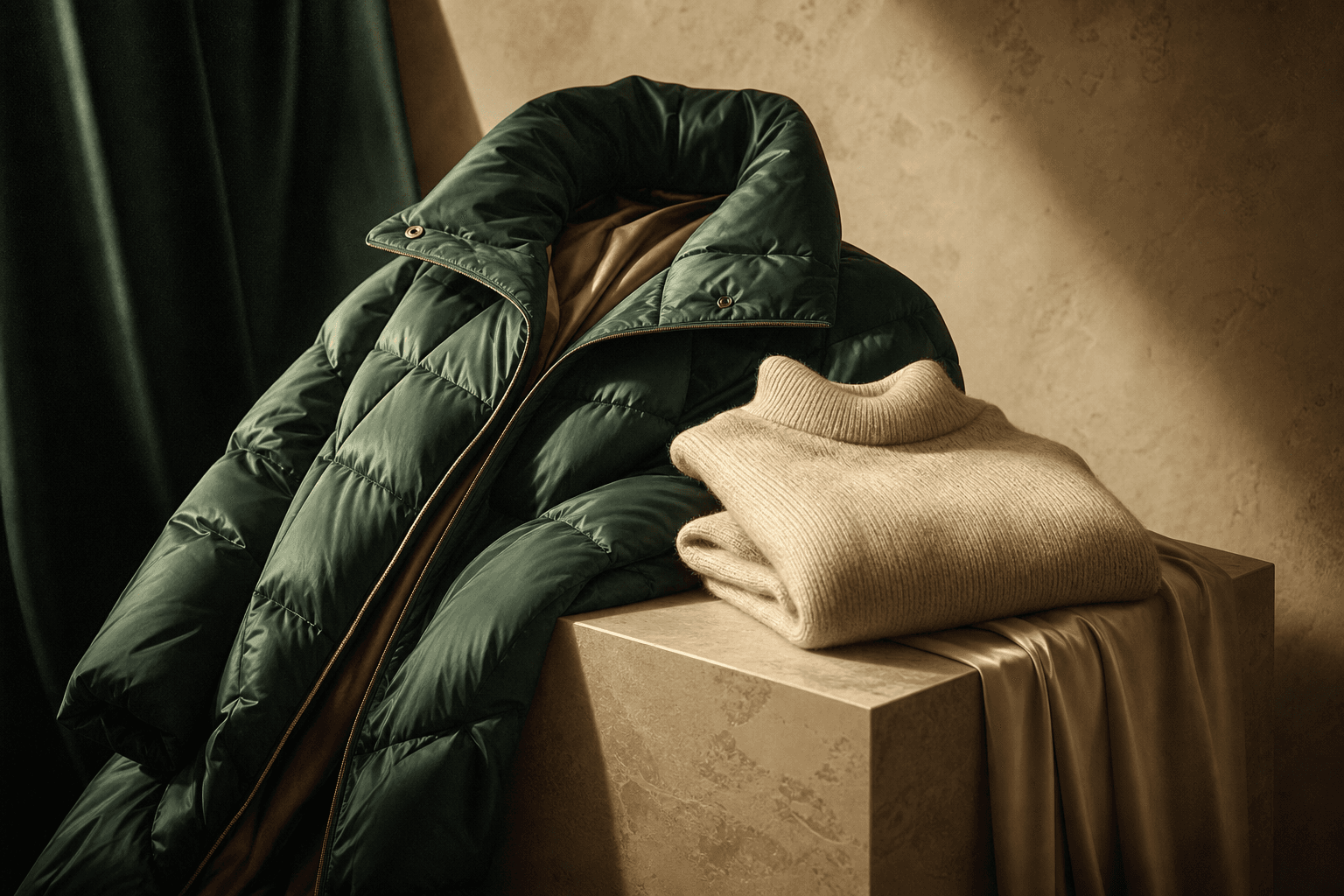 A quilted down coat and folded cashmere knit on a pedestal