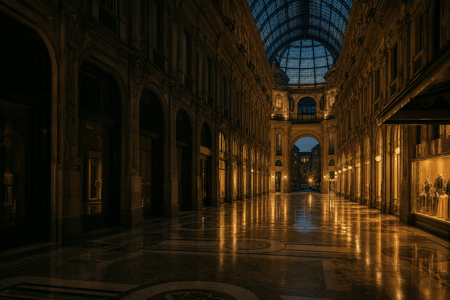 A grand luxury shopping arcade in Milan glowing at night