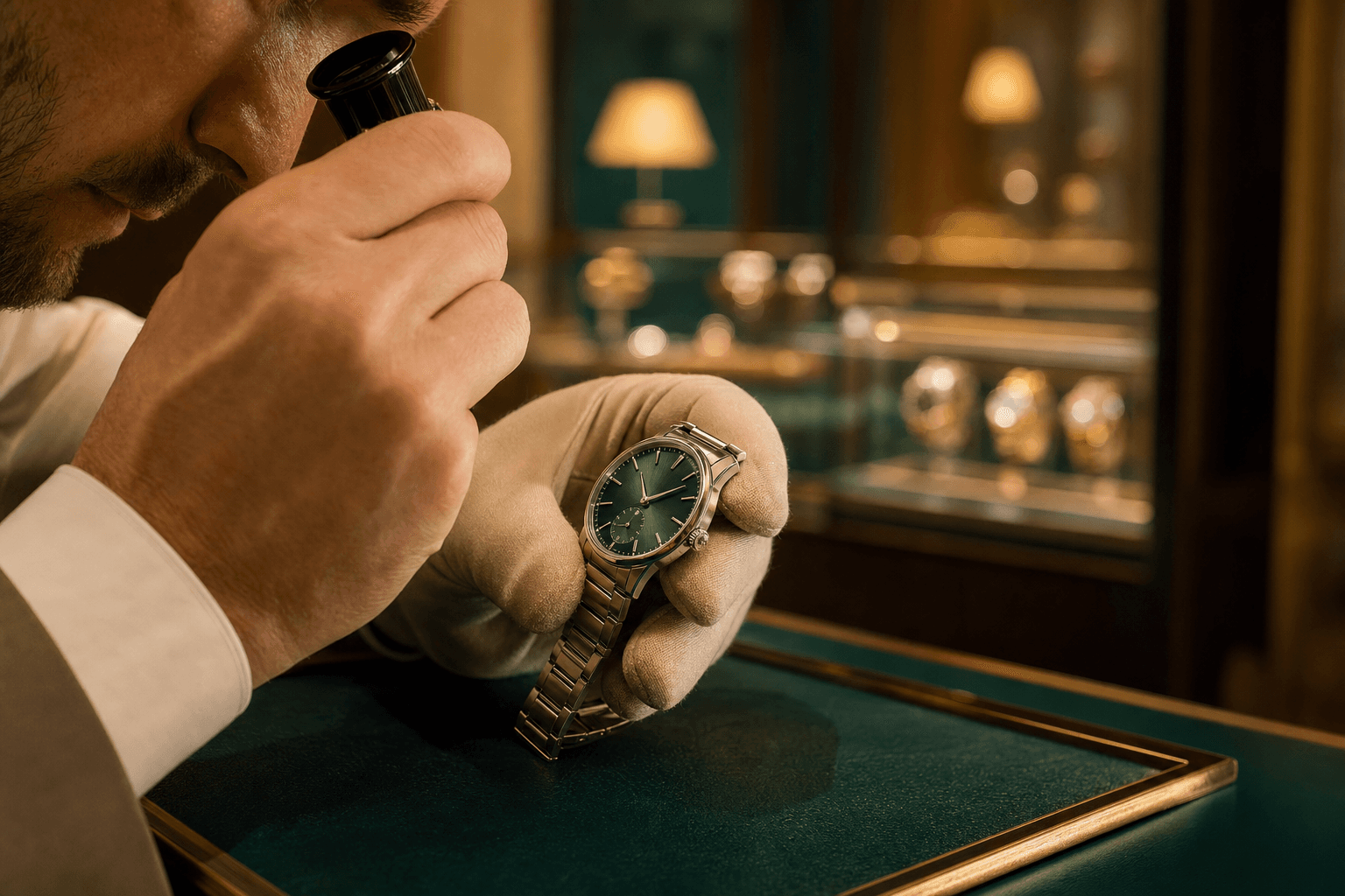 A specialist inspecting a green-dial watch through a jeweler's loupe at a boutique counter