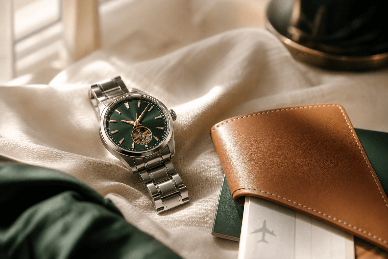 A watch resting beside a passport and boarding pass