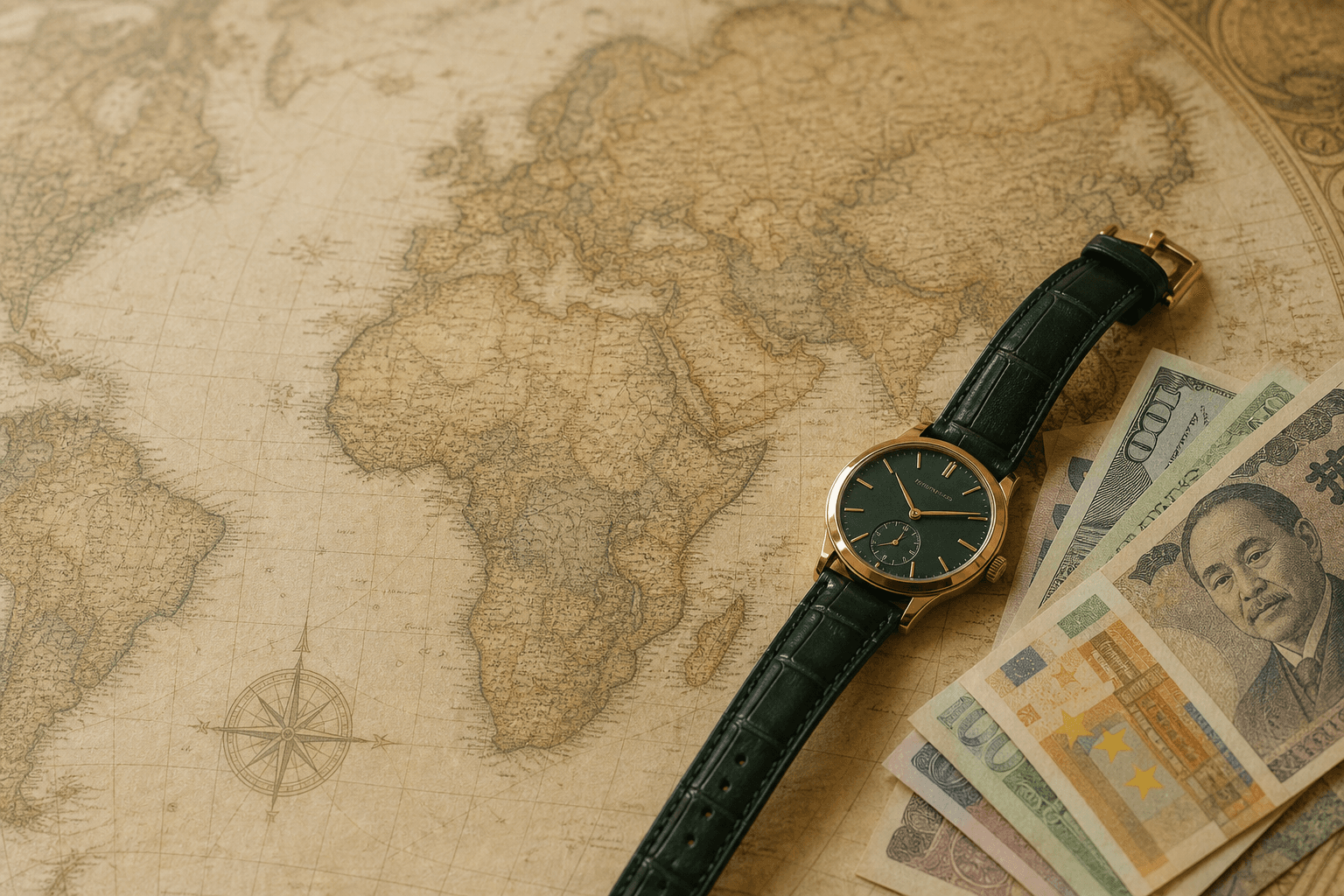 A gold dress watch resting on a vintage world map beside foreign banknotes