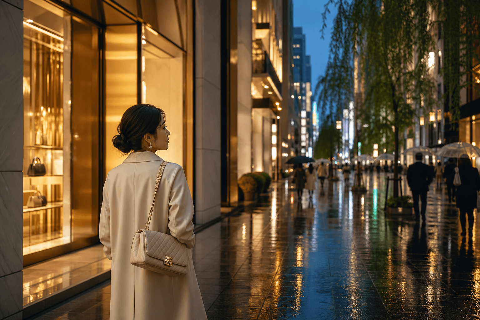 An upscale Ginza shopping street in Tokyo at dusk
